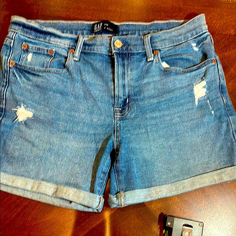 GAP Blue Jean Shorts with Distressed Mid-Thigh Cut